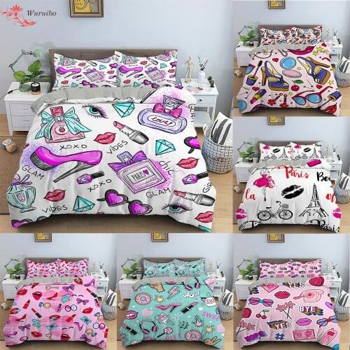 Luxury Makeup Lipstick Bedding Set Cosmetic Pink Duvets Cover Girls Women Gift Bed Set Home Textiles Girlish Bedclothes 2/3 Pcs