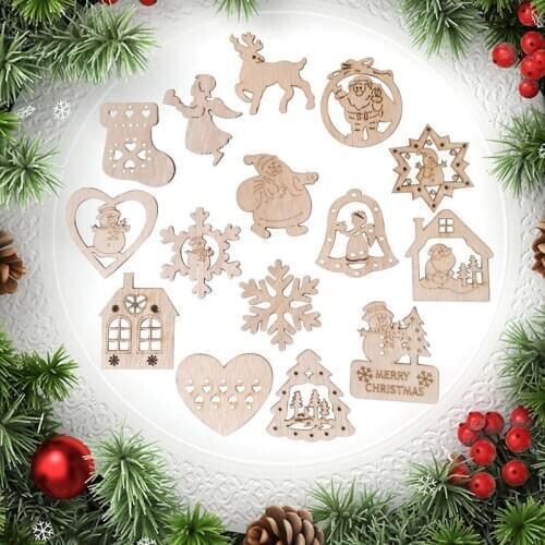 Christmas Diy Wood Ornament Charms Drop Pendant Mini Wooden Crafts Decor For Party Home Decoration 15pcs/set