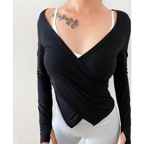 Sexy V neck Sports Top Women Fitness Jersey Gym Long Sleeve Breathable Yoga Tops Female Cross Hem Running Workout T-shirt