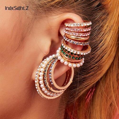 IngeSight.Z Luxury Bling Rhinestone Clip Earrings Without Piercing Punk Shiny Rainbow Crystal Cuff Earrings for Women Jewelry