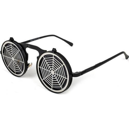 Steampunk Sunglasses Round Black Frame Grey Lenses Spider Web Design Womens Glasses Mens Glasses