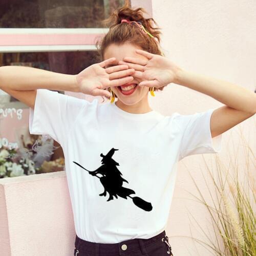 Witch riding a broom Printed Short Sleeve t shirt women Harajuku t-shirt White Thin section Korean Tshirt female Tops clothing