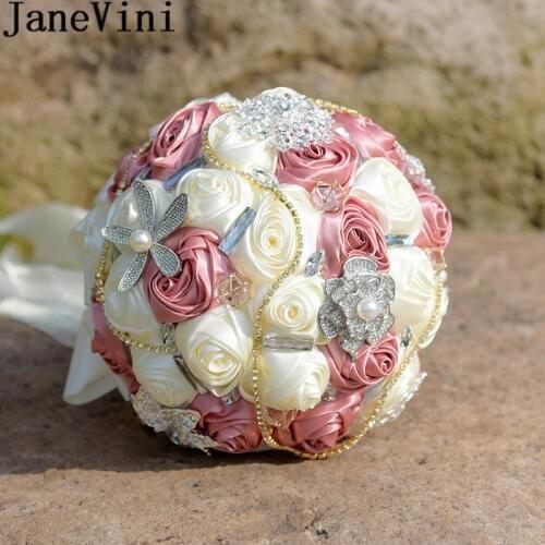 JaneVini Vintage Crystal Wedding Bouquets Bridal Satin Rose Flowers Silver Rhinestones Beaded Bride Bouquet Luxury Ribbon Brooch