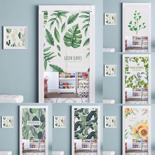 Green Plant Leaves Cotton Linen Door Curtain Living Room Shower Blackout Curtain Half Panel Curtain Home Decor