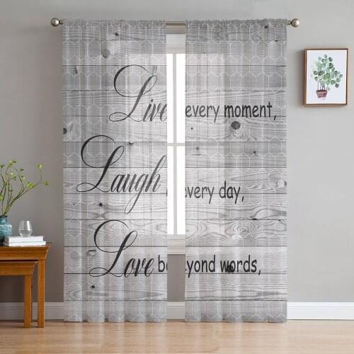 Retro Wood Grain Positive Energy Text Sheer Curtains for Living Room Modern Voile Curtain Bedroom Tulle Curtains Window Drapes