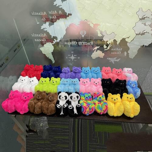 Women Home Indoor Soft anti-slip Faux Fur Cute Slippers Winter Warm Shoes Cartoon Plush Teddy Bear Slippers EUR 36-40US 6-9