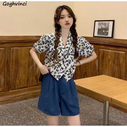 Print Summer Fresh Short Sets Women Notched Puff Sleeve Shirts Student Slim Wide-leg Shorts Leisure Korean Style Ulzzang Outwear