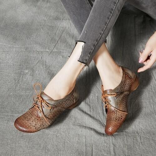YourSeason WomenS 2020 New Autumn Summer Genuine Leather Lace Up Flats Round Toe Handmade Ladies Retro Hollow Casual Shoes