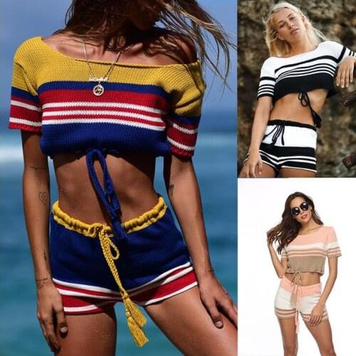 Colorful Strip Knit Two Piece Set Women Clothes Outfits short Sleeve Knit Tops+Bodycon Shorts Suit Sexy cover up Sets