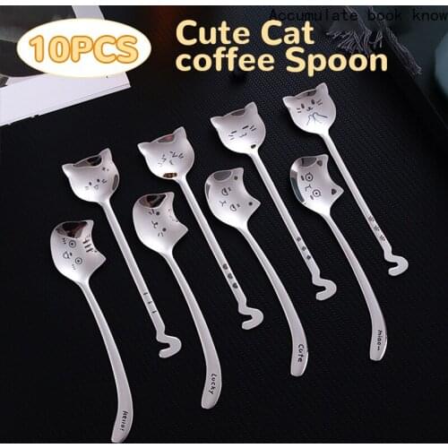 New 10Pcs Cute Cat Coffee Spoon 304 Stainless Steel Cat spoon Teaspoon Long Handle Flatware Gift Tableware Coffee accessories