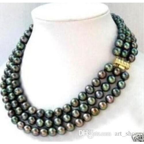 3 row 7-8MM Black akoya Pearl Necklace 17-19" 0023>>> free shipping
