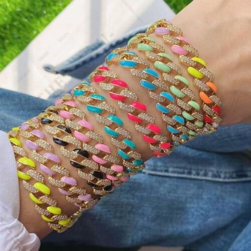 3PCS, Luxury Chunky Cuban Link Chain Bracelet For Women Men Vintage Colorful Enamel Zircon Hip Hop Bracelets Wrist Jewelry Set