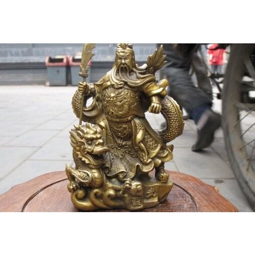 6"Chinese pure Brass carved Dragon Sword Guan gong gest warrior statue