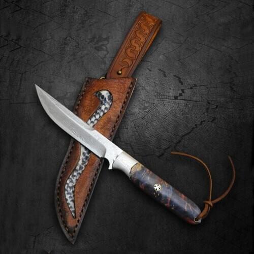 Free shipping Damascus steel kitchen knife Camping Hunting Tactical Survival Knife Fixed Blade wood Handle Sharp Edge