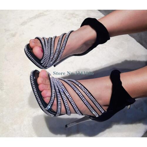 Bling Bling Crystal Narrow Band Thin High Heel Sandals Black Open Toe Ankle Strap Stiletto Heel Sandals Elegant Rhinestone Shoes