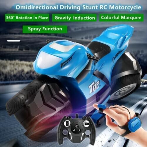 Gravity Induction Watch Control Dual Mode RC Motorcycle Omidirectional Stunt Drive In Situ Rotation Cool Light Spray Kids RC Toy