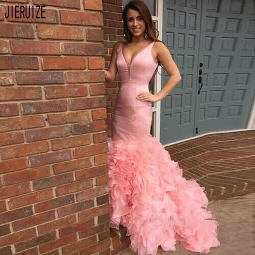 JIERUIZE Sexy Pink Mermaid Evening Dresses V Neck Zipper Back Ruffles Formal Dresses Simple Long Prom Gowns vestidos de fiesta