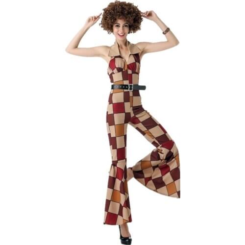 Carnival Party Classic 60s 70s Disco Retro Plaid The Beatles Style Halter Jumpsuit Halloween Masquerade Hippie Cosplay Costume