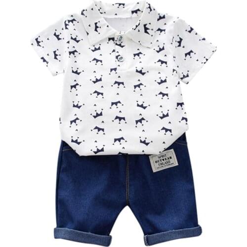Boys Clothes Sets Toddler Short Sleeve Crown Pattern Shirt Tops+ Denim Pants 2020 Summer Newborn Baby Boy Outfits 3-10 Years