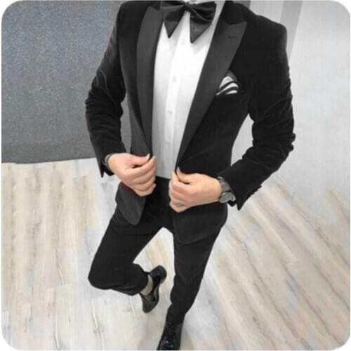Handsome Groomsmen Velveteen Groom Tuxedos Mens Wedding Dress Man Jacket Blazer Prom Dinner (Jacket+Pants+Tie) K57