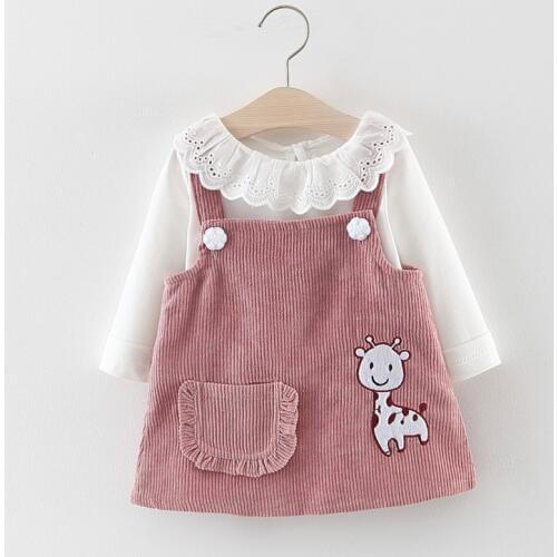 Baby Girl Dress Autumn Cotton Long Sleeve T-shirt Tops + Cartoon Giraffe Vest Dress 2pcs Clothes Set Infant Toddler Dress