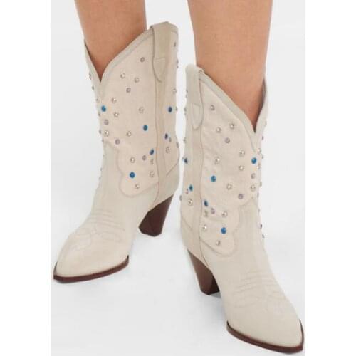 Drop Shipping Woman White Dark Blue Suede Pointed Toe 8 CM Spike Heels Short Boots Female Slip On Colorful Rivets Mid-calf Boots