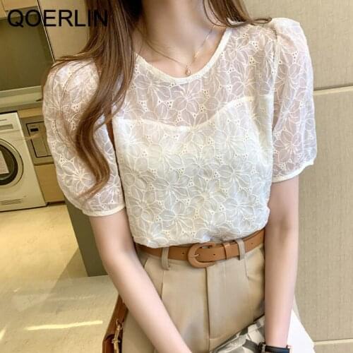 QOERLIN Eyelet Embroidery Bishop Sleeve Blouse Women Plus Size Chic Apricot Sexy Tops Fashion Short Sleeve Loose Casual Blouses