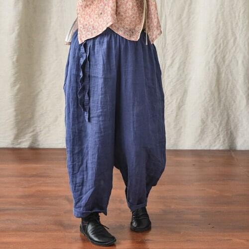 QPFJQD Ladies Loose Linen Elastic Waist Pants Plus Size Chinse Style Women 2021 Summer Retro Flax Trousers Solid Color