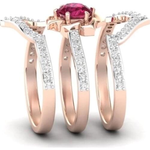 3Pcs/Set Luxury Women Rings Rose Gold Red Flower Charms Bridal Wedding Rings For Women Jewelry Girlfriend Gift