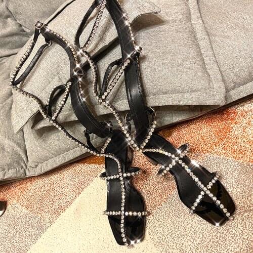 Sandals Women Summer Boots Square Heel Open Toe Knee High Boots Gladiator Sandalias Rhinestones Womens Shoes Black Water Drill