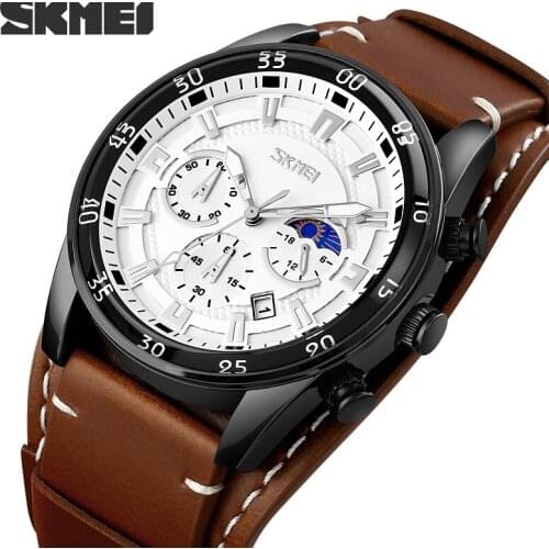 SKMEI Handsome Three-Eye Six-Pin Mens Watch Genuine Leather Waterproof Strong Luminous Calendar Quartz Watch For Men 9249