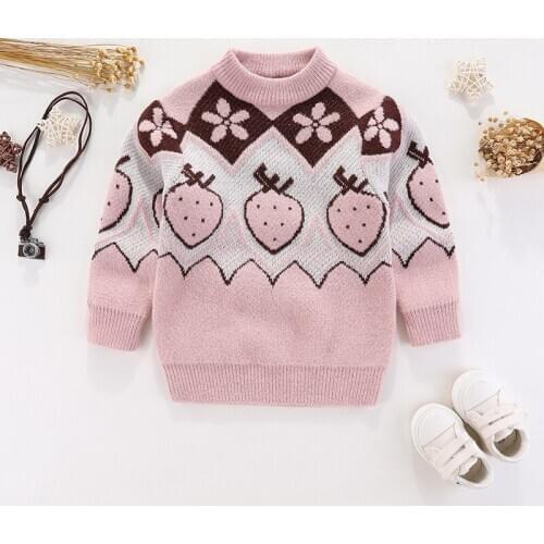 Toddler Girl Sweater Winter New Childrens Thick Warm Pullovers Sweaters Cute Strawberry Print Knit Sweater for Girl 4 5 6 7 8 Y