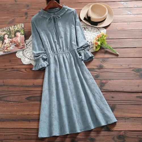 Spring new fashion mori girl elegant dress high quality casual cotton linen long sleeve dress