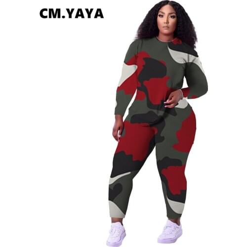 CM.YAYA Women Plus Size Tracksuit Camouflage Pants Set T Shirts + Pencil Pants Two 2 Pieces Sets Fitness Sportswear Fall Outfits