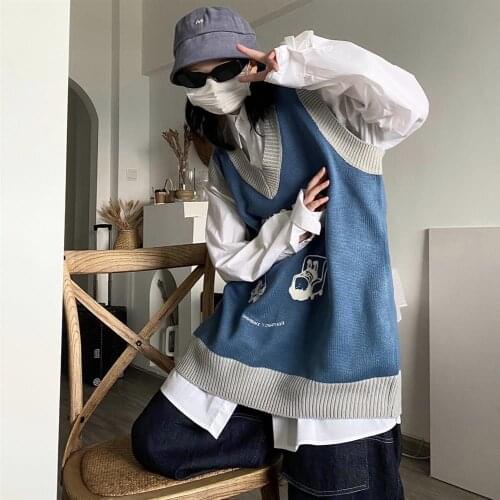 Women Sweater Vest Womens Knitted Vest Fall Childlike Cartoon Loose Outer Wear Sleeveless Sweater Vest
