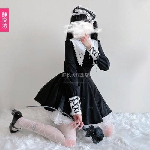 Cross Maid Dark Style Gothic Retro Lolita Black Lolita Long Sleeve Dress Sailor Collar dress women clothing