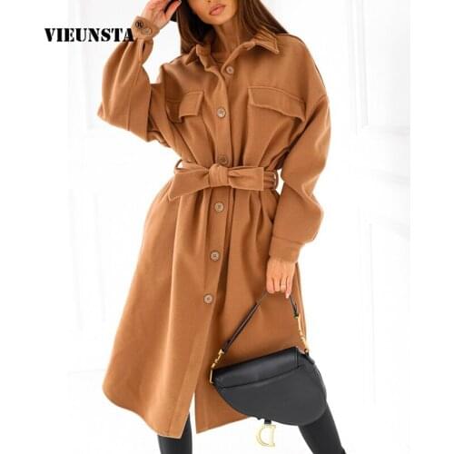 2021 Autumn Winter Womens Elegant Long Sleeve V-Neck Buttons Woolen Cloth Overcoat Single-Breasted Bandage Slim Mid-Length Coat