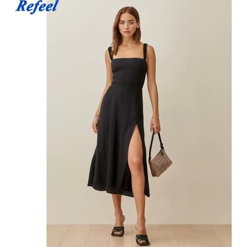 Vintage Black Women Midi Dress Chic Chiffon Tank Dress Retro Sleeveless Summer Dresses Elegant Split Vestidos