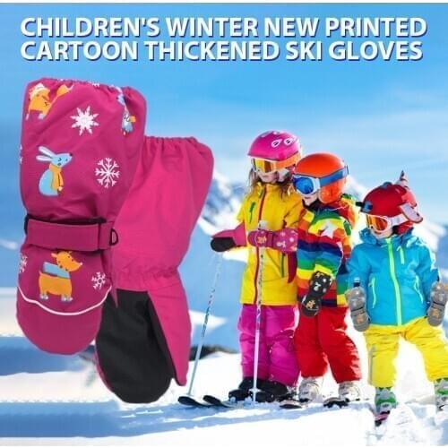 Winter Children Print Cartoon Deer Rabbit Thickening Ski Gloves Kids Windproof Waterproof Non-slip Long-sleeved Mittens