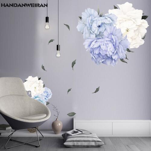 1PCS 3D Peony Rose Flowers Wall Stickers Blue Vintage Wallpaper For Bedroom Living Room Decals Mural Home Decor kid Girls Gift