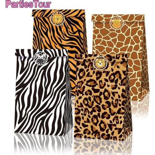 4pcs Jungle Safari Party Favor Bags Animal Print Design Pattern Paper Bags Baby Shower Zoo Themed Birthday Decorations Gift Bags