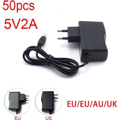 50pcs 5V 2A 2000mA AC to DC Power Adapter supply 100V-240V Converter wall charger 5.5mm x 2.1mm for LED Strip Light CCTV Camera