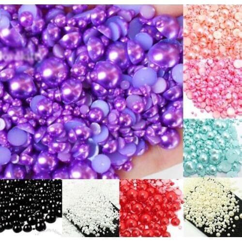 500Pcs Mixed 2-10mm Dark Purple Half Round Pearl Beads Craft Cabochon Scrapbook Decoration Flatback Nail Art Garment Beads DIY