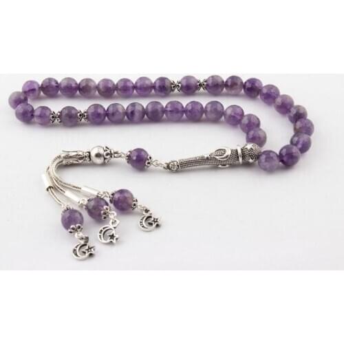 925 Sterling Silver Handmade Rosary with Moon Star Design Fasest Cut , Amethyst Stone