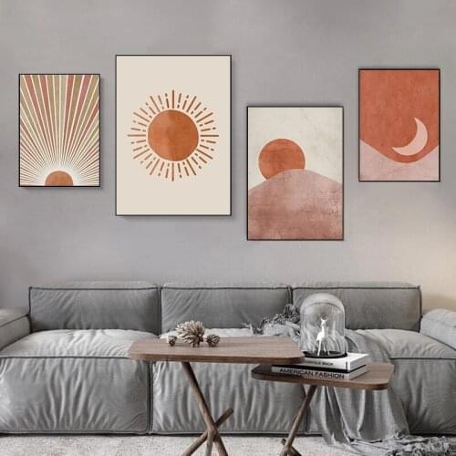 Abstract Minimalist Line Wall Art Sun And Moon Scene Boho Canvas Prints Painting Pictures For Living Room Wall Decor