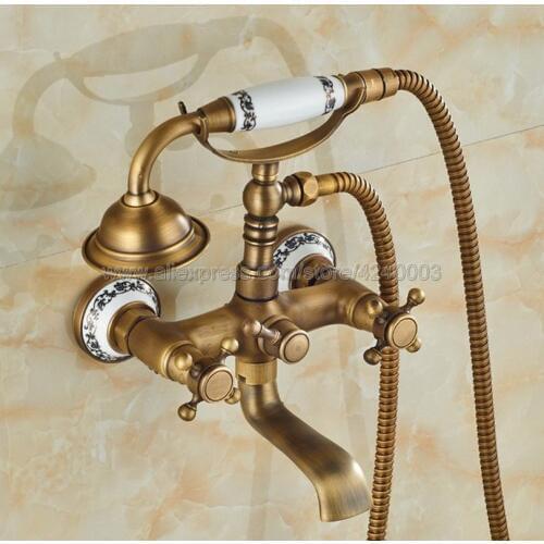 Antique Brass Wall Mount Bathtub Tub Mixers Two Cross Handles Bathroom Bath Shower Faucet with Handshower Ktf306
