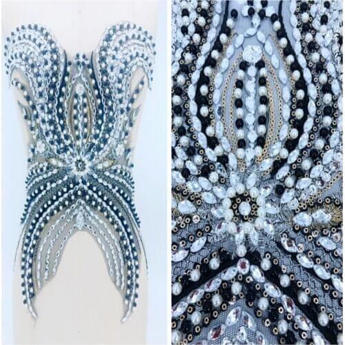 Pure hand made sew on silver/black Rhinestones peal applique on black mesh crystals patches 44*38cm for dress DIY accessory