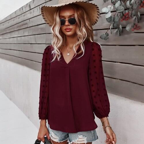 Spring/Summer Women Long Sleeve Shirt Holiday Style V Neck Female Tops And Blouse Solid Color Casual Temperament Elegant Shirt