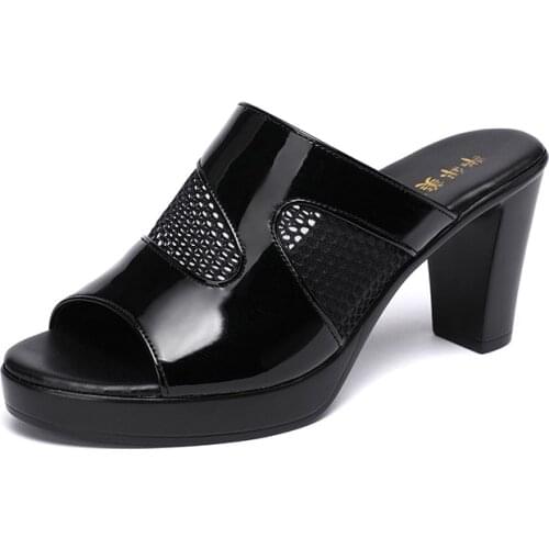 Patent Leather Shiny High Heels Mesh Sandals Women Summer 2021 New Fish Mouth Fashion Slippers Outer Wear Womens Shoes