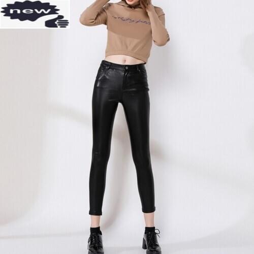 Women Fashion Elastic Matt Black Genuine Leather Biker Skinny Button High Waist Pencil Pants Female Casual Blue Trousers